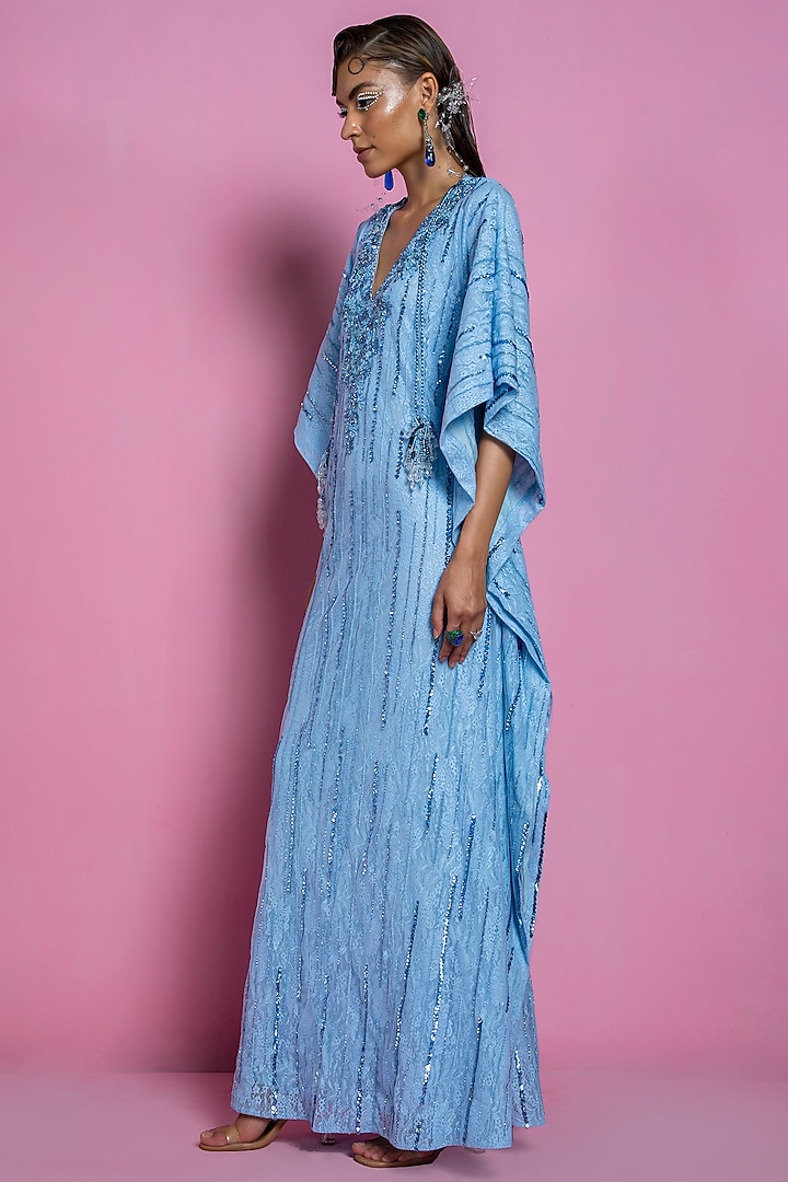 Powder Blue Chiffon Kaftan by Mala and Kinnary at Pernia's Pop Up Shop