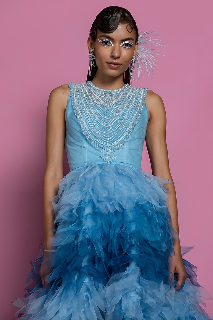 Blue Net & Organza Gown by Mala and Kinnary at Pernia's Pop Up Shop