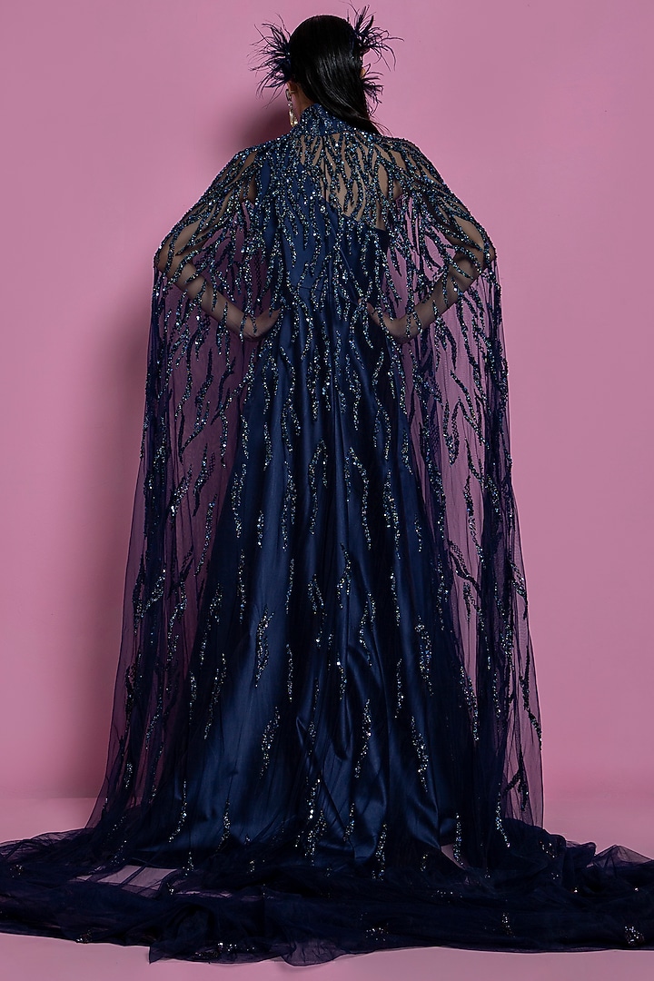 Dark Blue Satin Draped Gown With Cape by Mala and Kinnary at Pernia's Pop Up Shop