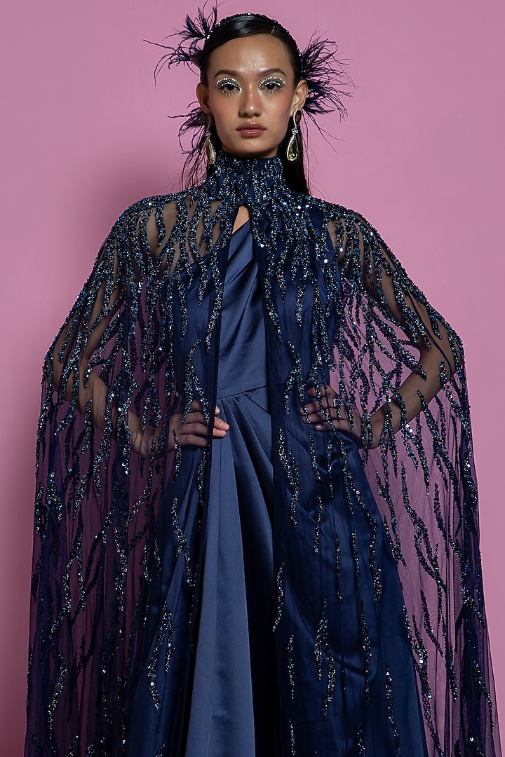 Dark Blue Satin Draped Gown With Cape by Mala and Kinnary at Pernia's Pop Up Shop