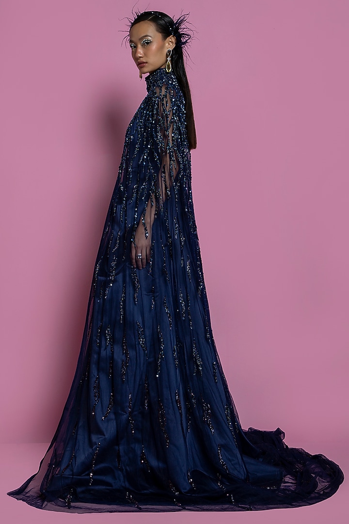 Dark Blue Satin Draped Gown With Cape by Mala and Kinnary at Pernia's Pop Up Shop