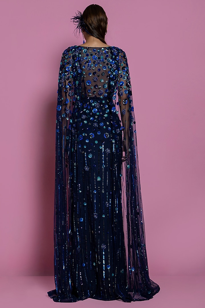 Dark Blue Net Embellished Gown by Mala and Kinnary at Pernia's Pop Up Shop