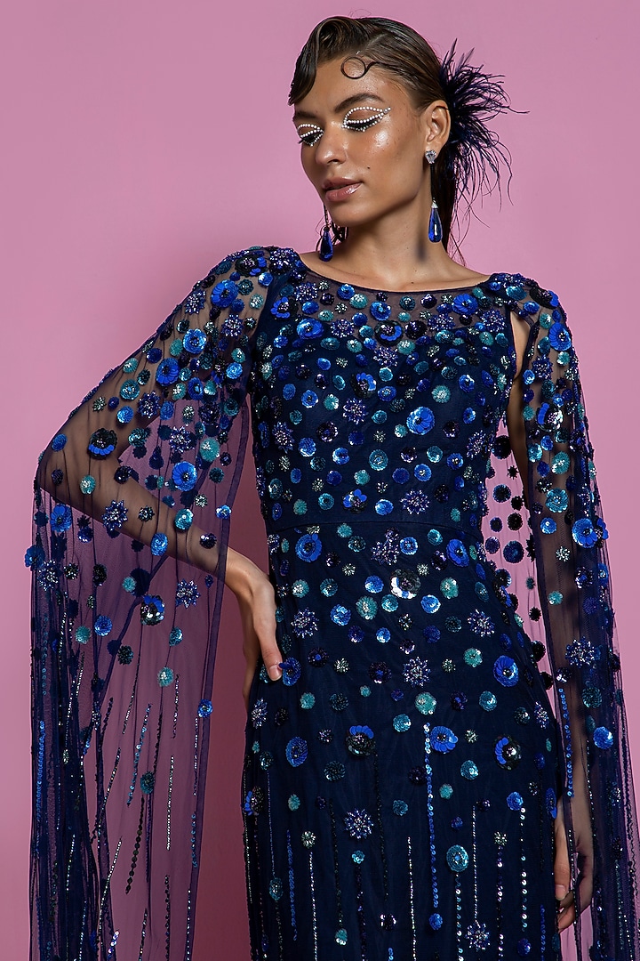 Dark Blue Net Embellished Gown by Mala and Kinnary at Pernia's Pop Up Shop