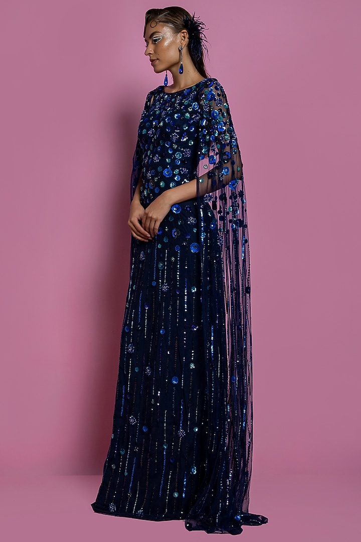Dark Blue Net Embellished Gown by Mala and Kinnary at Pernia's Pop Up Shop