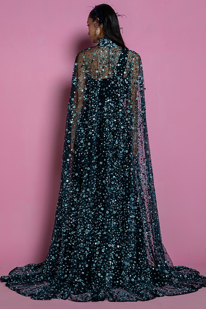Dark Teal Georgette Gown With Cape by Mala and Kinnary at Pernia's Pop Up Shop