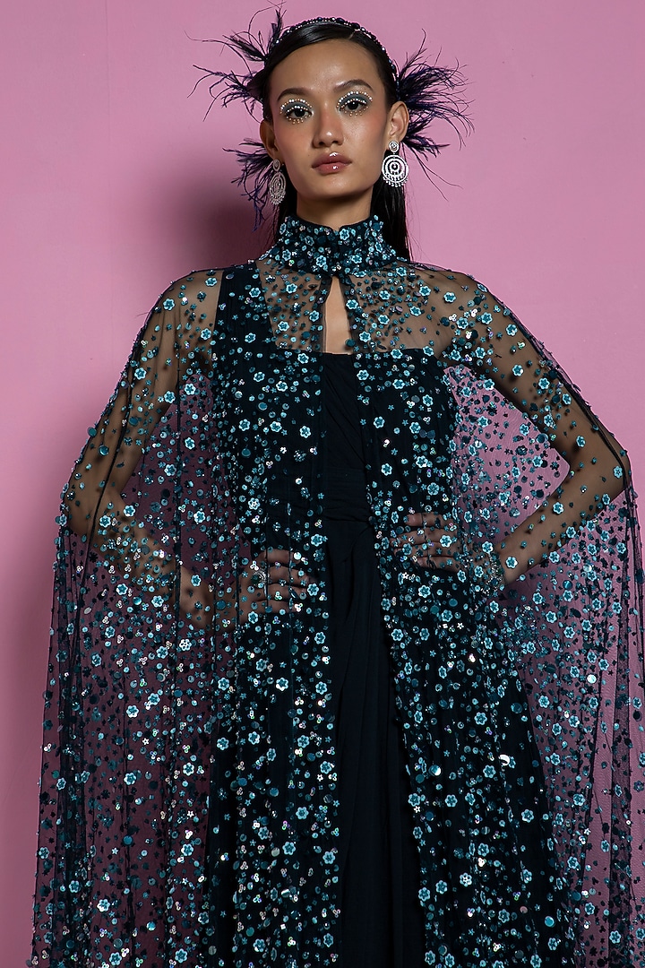 Dark Teal Georgette Gown With Cape by Mala and Kinnary at Pernia's Pop Up Shop