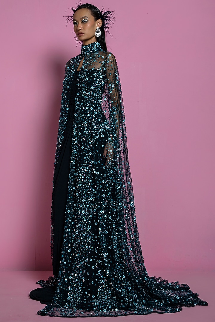 Dark Teal Georgette Gown With Cape by Mala and Kinnary at Pernia's Pop Up Shop
