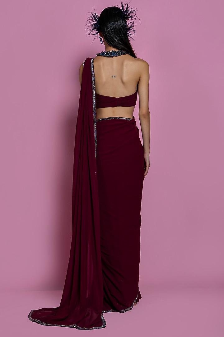 Wine Tulle Wedding Saree Set by Mala and Kinnary at Pernia's Pop Up Shop