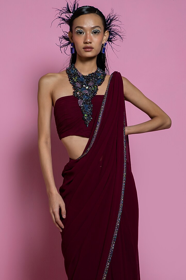 Wine Tulle Wedding Saree Set by Mala and Kinnary at Pernia's Pop Up Shop