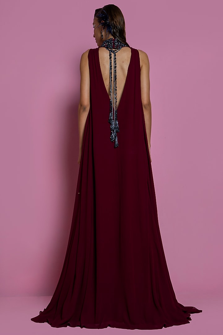 Wine Viscose Georgette Gown by Mala and Kinnary at Pernia's Pop Up Shop