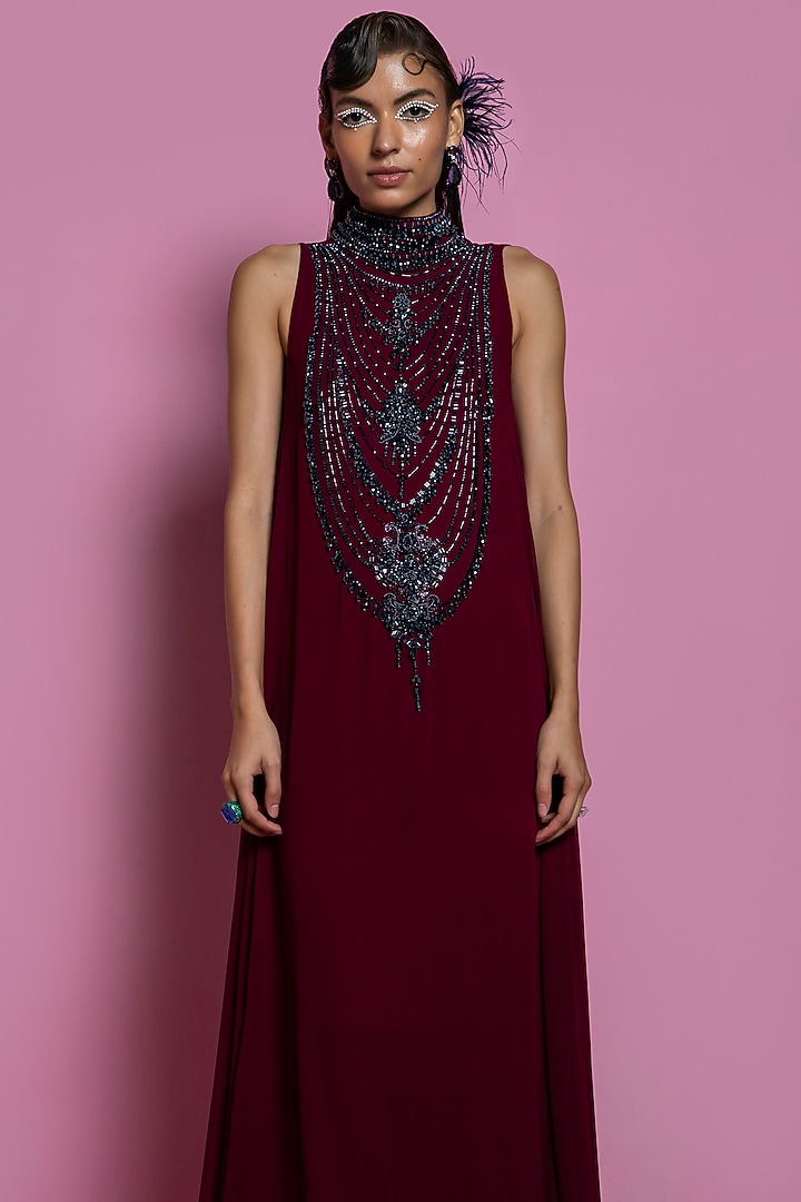 Wine Viscose Georgette Gown by Mala and Kinnary at Pernia's Pop Up Shop