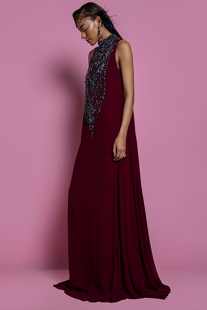 Wine Viscose Georgette Gown by Mala and Kinnary at Pernia's Pop Up Shop