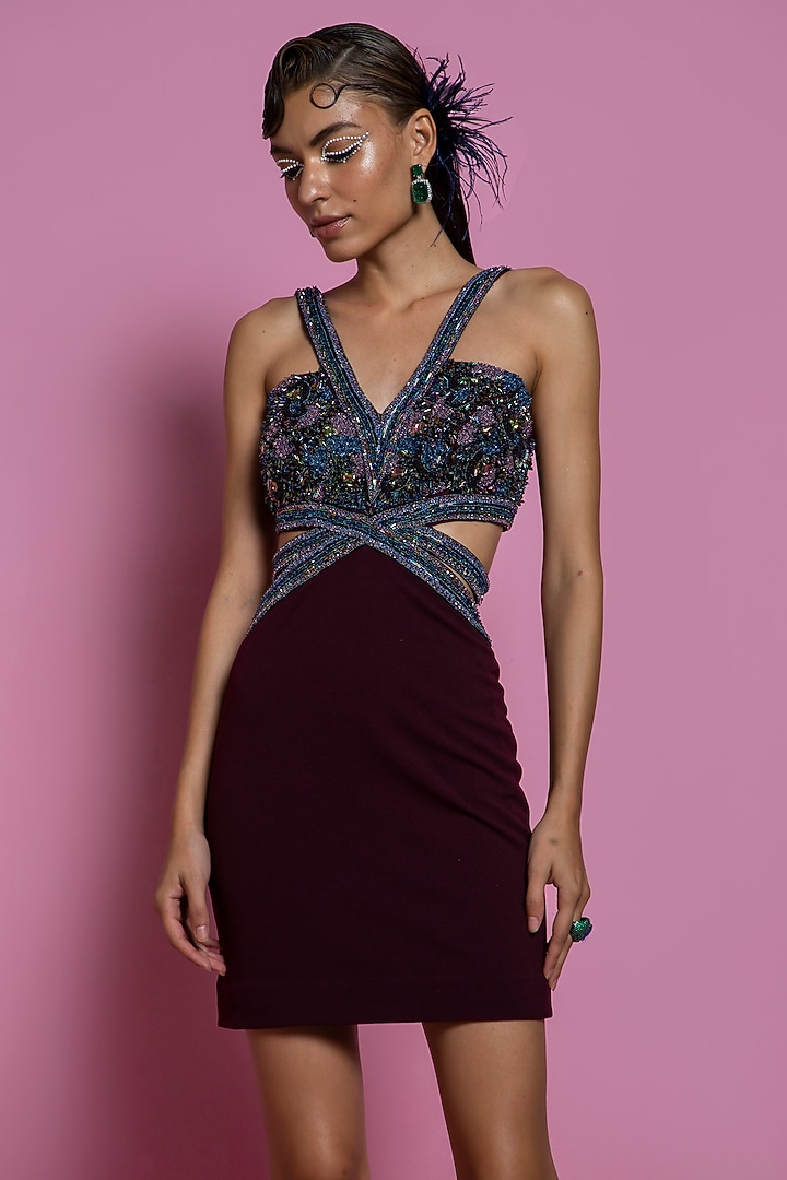 Wine Scuba Georgette Cocktail Dress by Mala and Kinnary at Pernia's Pop Up Shop
