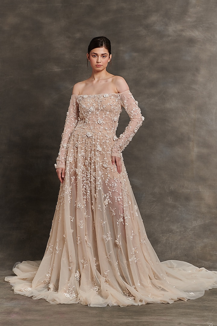 Beige Net & Sheer Embroidered Off-Shoulder Gown by Mala and Kinnary at Pernia's Pop Up Shop