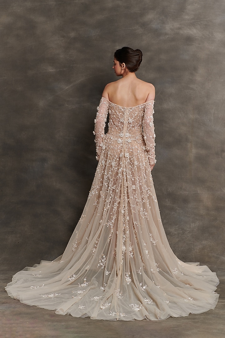 Beige Net & Sheer Embroidered Off-Shoulder Bridal Gown by Mala and Kinnary at Pernia's Pop Up Shop