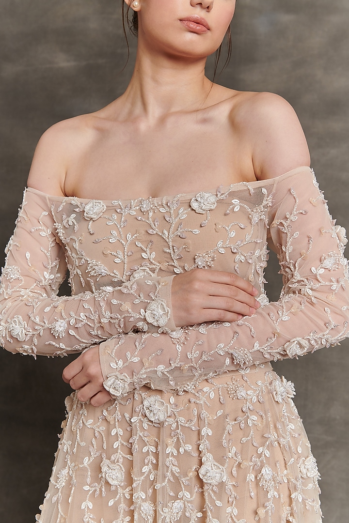Beige Net & Sheer Embroidered Off-Shoulder Bridal Gown by Mala and Kinnary at Pernia's Pop Up Shop