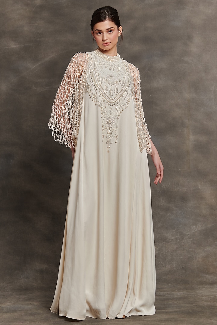 Ivory Habutai Silk Embroidered Gown by Mala and Kinnary at Pernia's Pop Up Shop