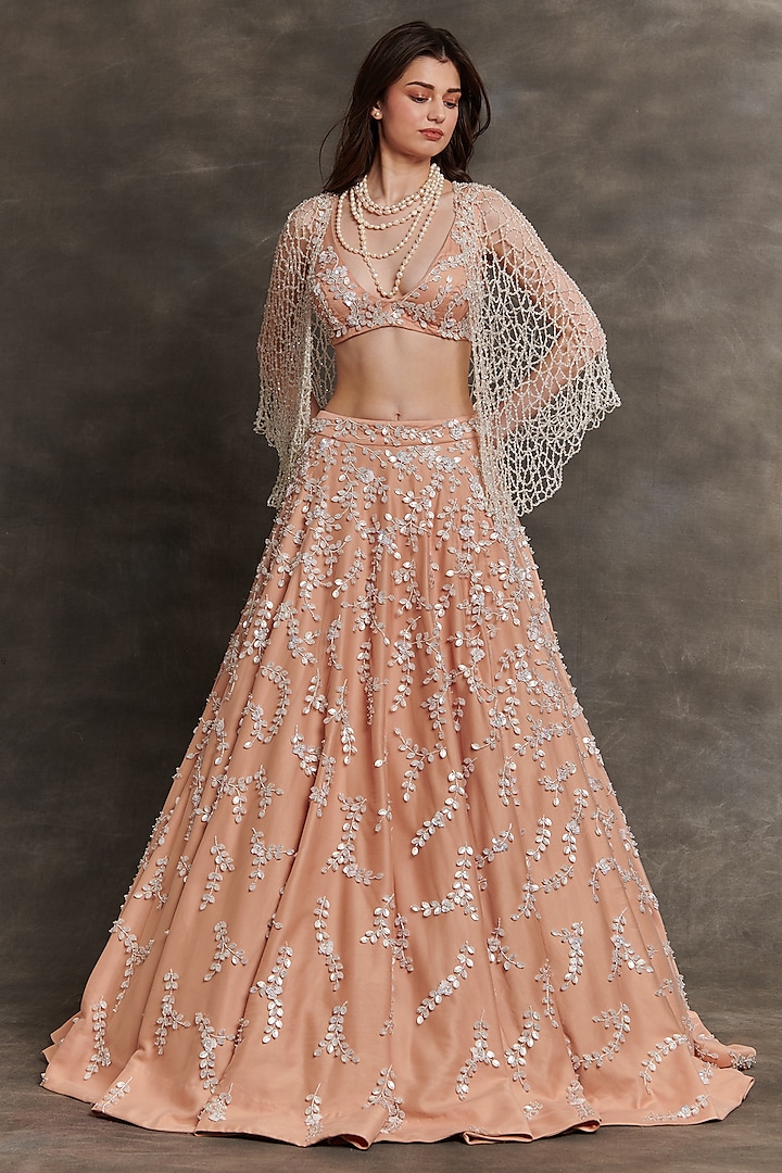 Peach Pink Net Leaf Embroidered Bridal Lehenga Set by Mala and Kinnary at Pernia's Pop Up Shop