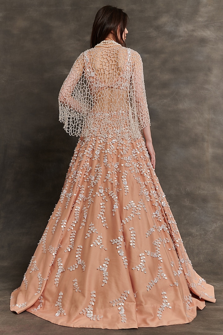 Peach Pink Net Leaf Embroidered Bridal Lehenga Set by Mala and Kinnary at Pernia's Pop Up Shop