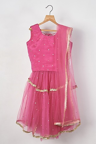Rani Pink Tulle Gota embroidered Lehenga Set For Girls by MAL The Stores