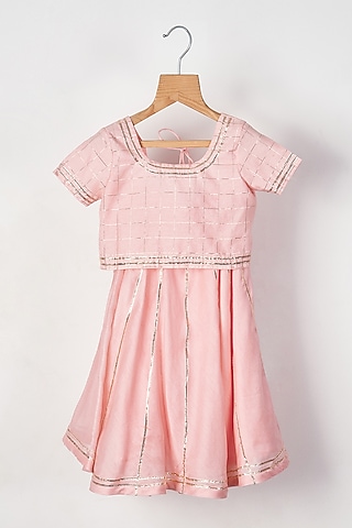 Soft Pink Chanderi Gota Embroidered Lehenga Set For Girls by MAL The Stores