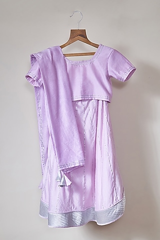 Soft Lilac Chanderi Gota Lehenga Set For Girls by MAL The Stores