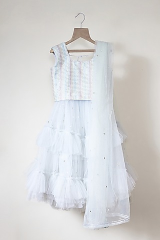 Soft Blue Tulle Badla Work Layered Lehenga Set For Girls by MAL The Stores