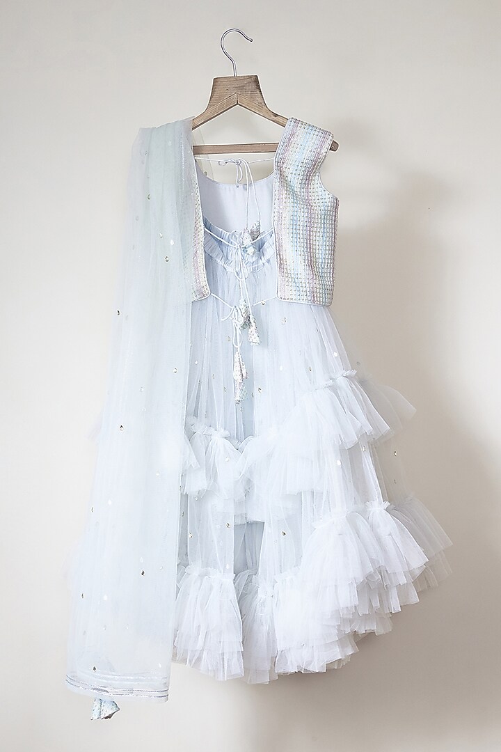 Soft Blue Tulle Badla Work Layered Lehenga Set For Girls by MAL The Stores at Pernia's Pop Up Shop