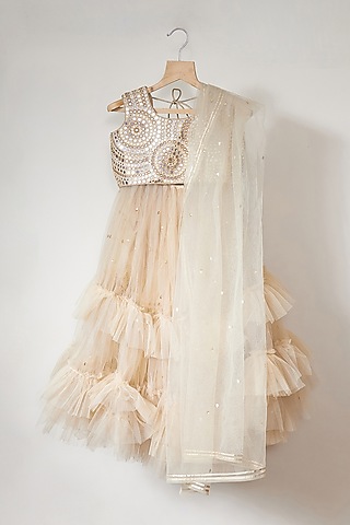 Champagne Tulle Badla Work Layered Lehenga Set For Girls by MAL The Stores