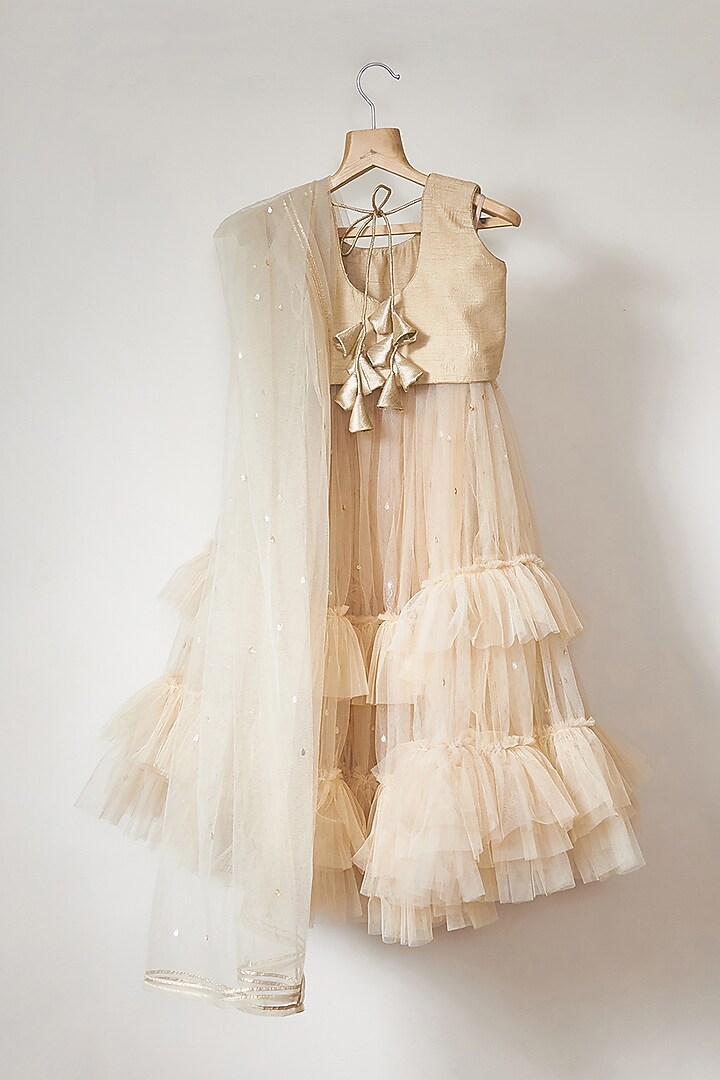 Champagne Tulle Badla Work Layered Lehenga Set For Girls by MAL The Stores at Pernia's Pop Up Shop