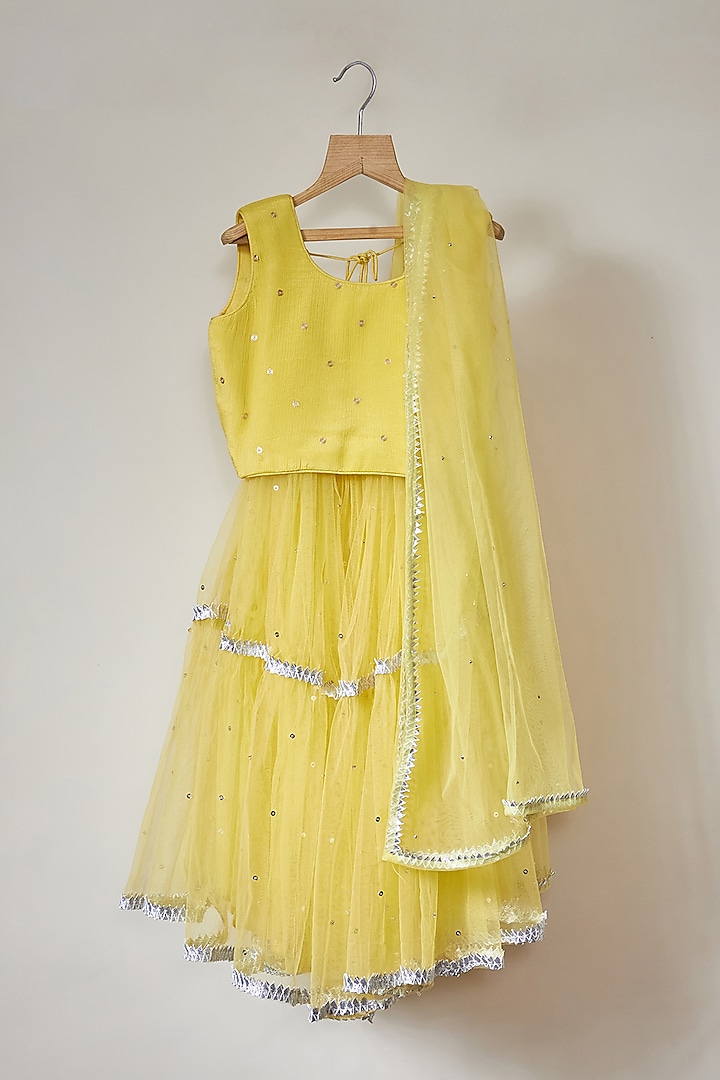 Haldi Yellow Tulle Gota Layered Lehenga Set For Girls by MAL The Stores