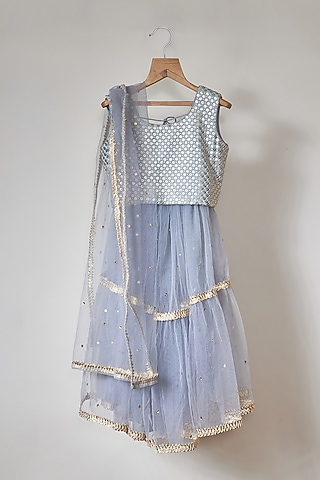 Dusky Lavender Tulle Gota Layered Lehenga Set For Girls by MAL The Stores
