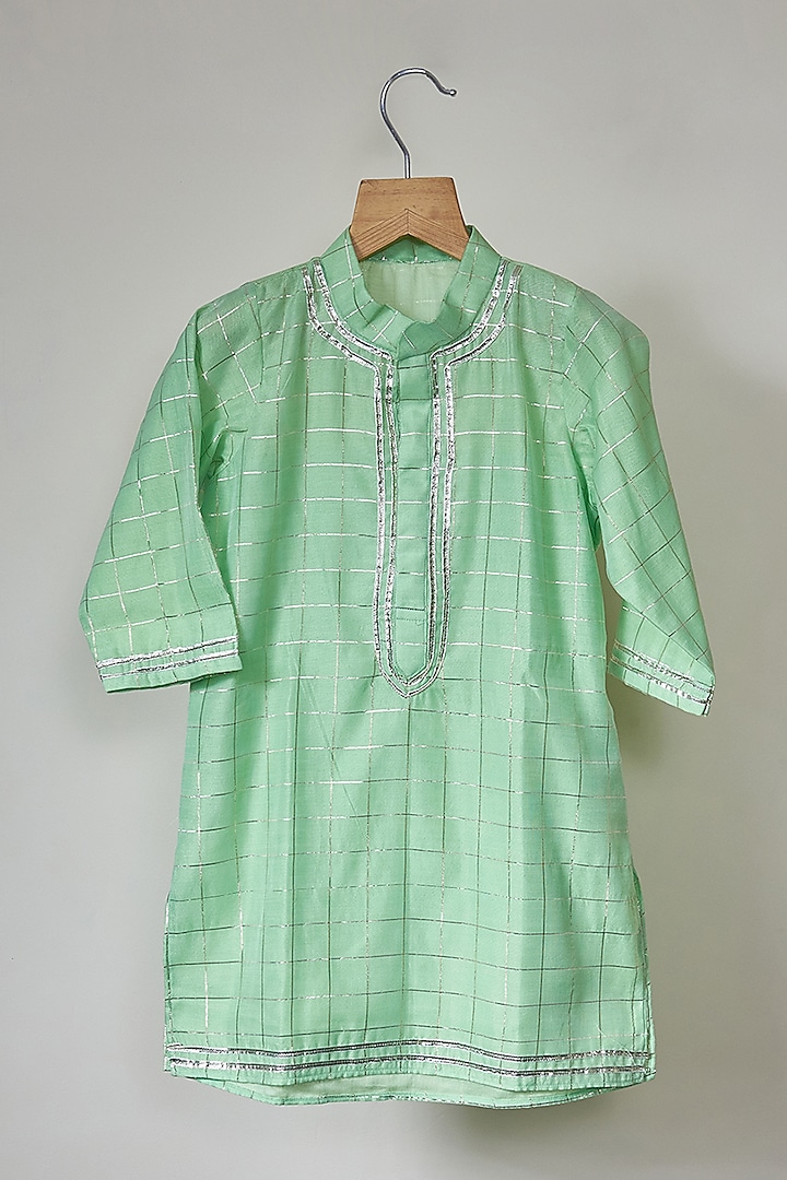 Pista Green Chanderi Checkered Kurta Set For Boys by MAL The Stores