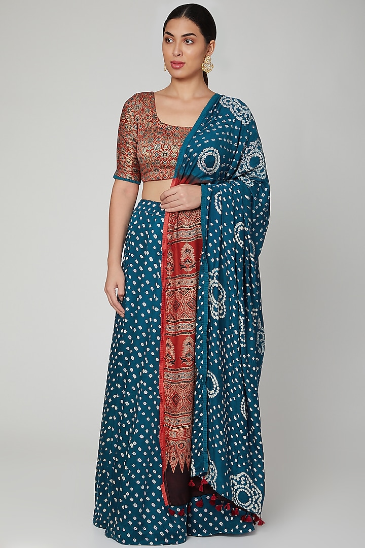 Cobalt Blue Bandhani Printed Lehenga Set by Manmeera