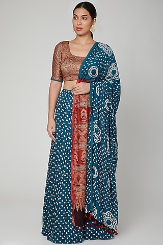Cobalt Blue Bandhani Printed Lehenga Set by Manmeera