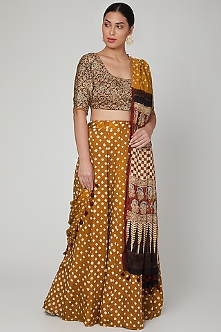 Mustard Bandhani Printed Lehenga Set by Manmeera