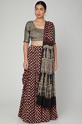Wine Bandhani Printed Lehenga Set by Manmeera