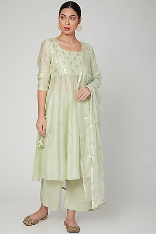 Mint Green Hand Embroidered Kurta Set by Manmeera
