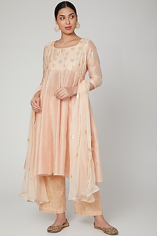 Nude Hand Embroidered Kurta Set by Manmeera