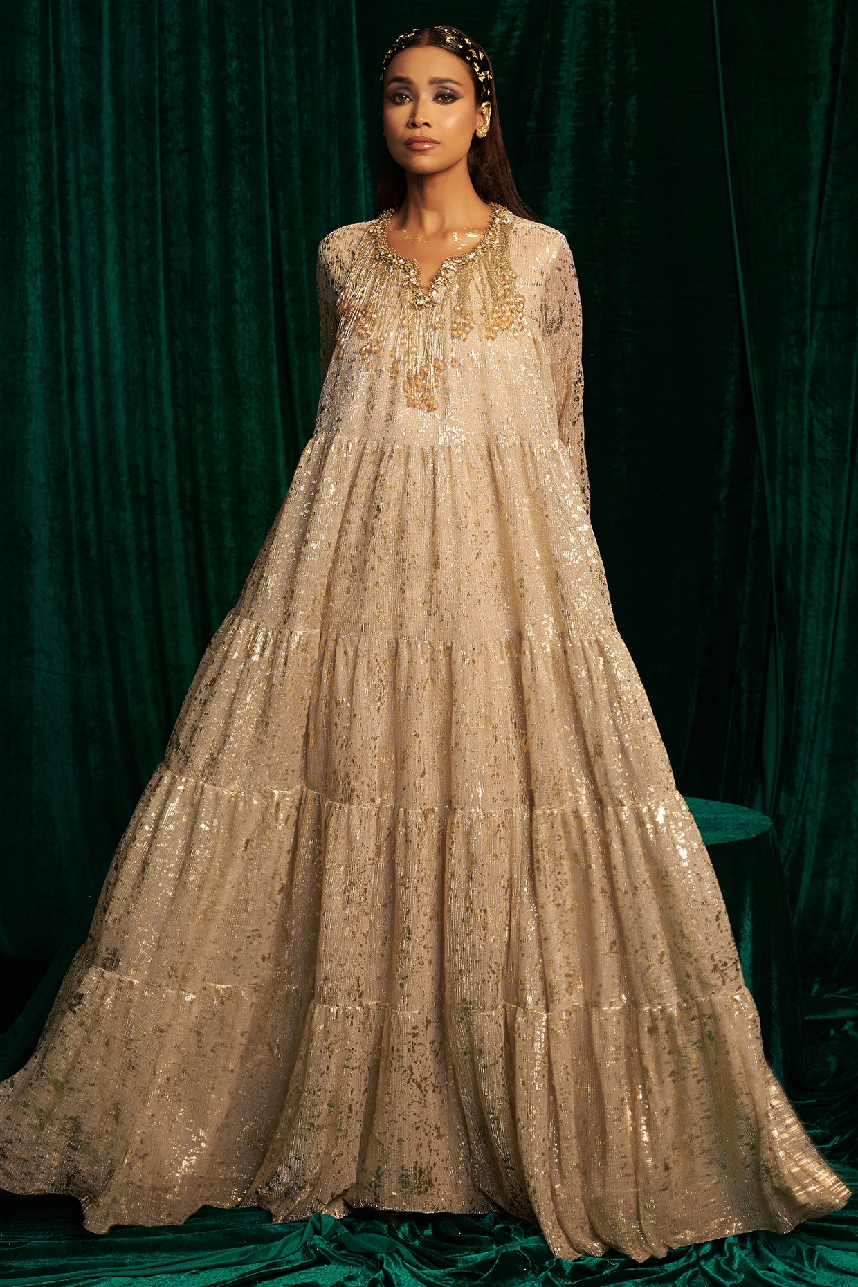 MEHAK MAKHIJA Gold Crinkle Foil Sequin & Tassel Embroidered Gathered Anarkali