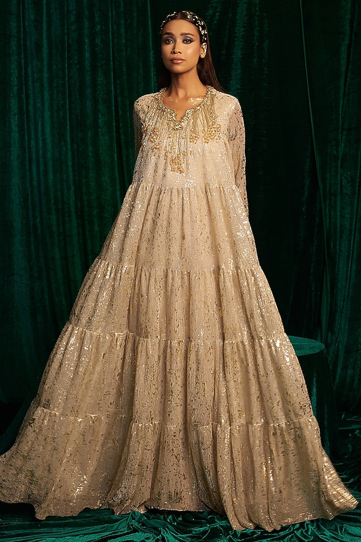 Gold Crinkle Foil Sequin & Tassel Embroidered Gathered Wedding Anarkali by MEHAK MAKHIJA at Pernia's Pop Up Shop