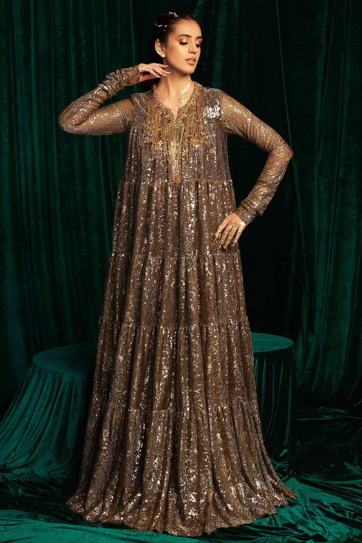 MEHAK MAKHIJA Black Crinkle Foil Sequin & Tassel Embroidered Gathered Anarkali