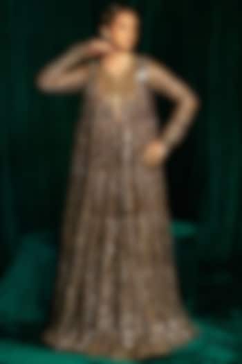 Black Crinkle Foil Sequin & Tassel Embroidered Gathered Wedding Anarkali by MEHAK MAKHIJA at Pernia's Pop Up Shop