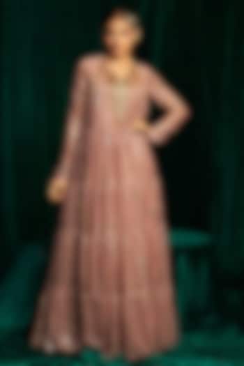 Pink Crinkle Foil Sequin & Tassel Embroidered Gathered Wedding Anarkali by MEHAK MAKHIJA at Pernia's Pop Up Shop