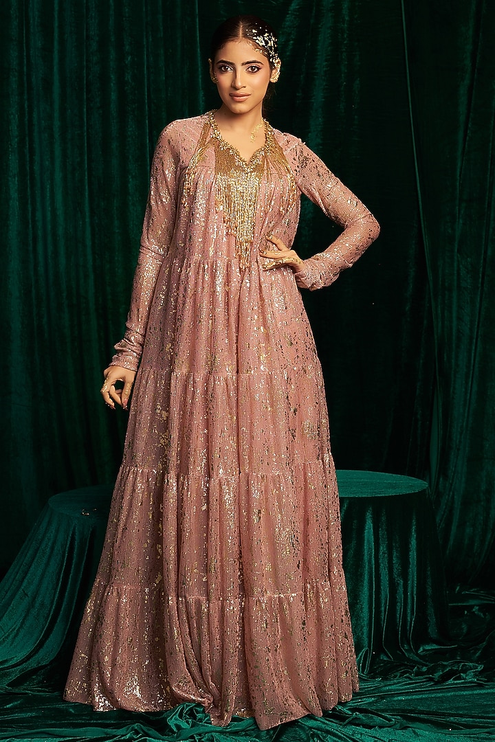 Pink Crinkle Foil Sequin & Tassel Embroidered Gathered Wedding Anarkali by MEHAK MAKHIJA at Pernia's Pop Up Shop
