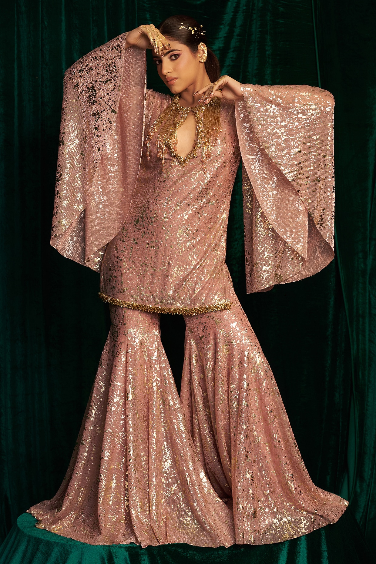 MEHAK MAKHIJA Pink Crinkle Foil Sequin & Tassel Embroidered Sharara Set