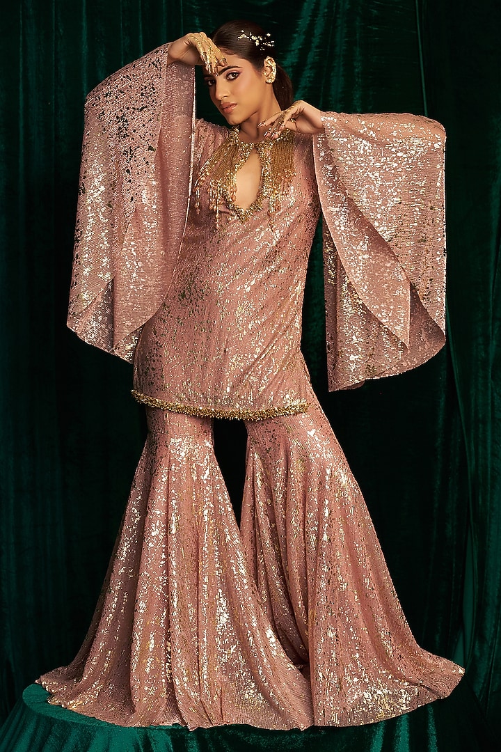 Pink Crinkle Foil Sequin & Tassel Embroidered Wedding Sharara Set by MEHAK MAKHIJA at Pernia's Pop Up Shop