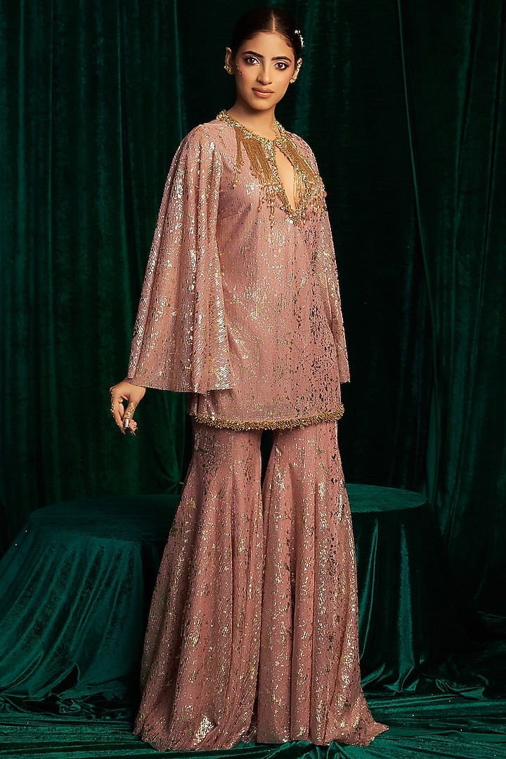 Pink Crinkle Foil Sequin & Tassel Embroidered Wedding Sharara Set by MEHAK MAKHIJA at Pernia's Pop Up Shop