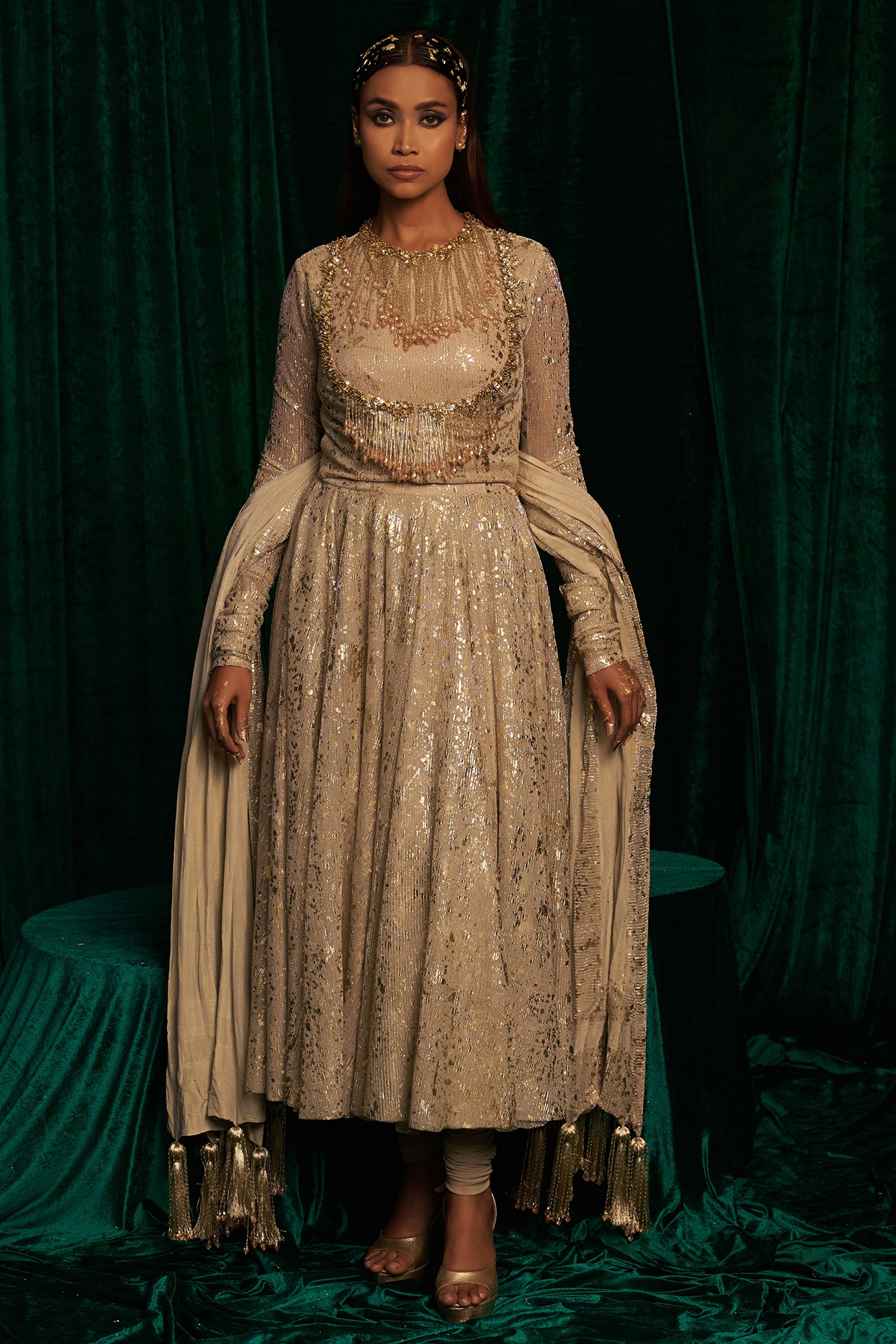 MEHAK MAKHIJA Gold Crinkle Foil Sequins & Tassel Embroidered Jacket Anarkali Set