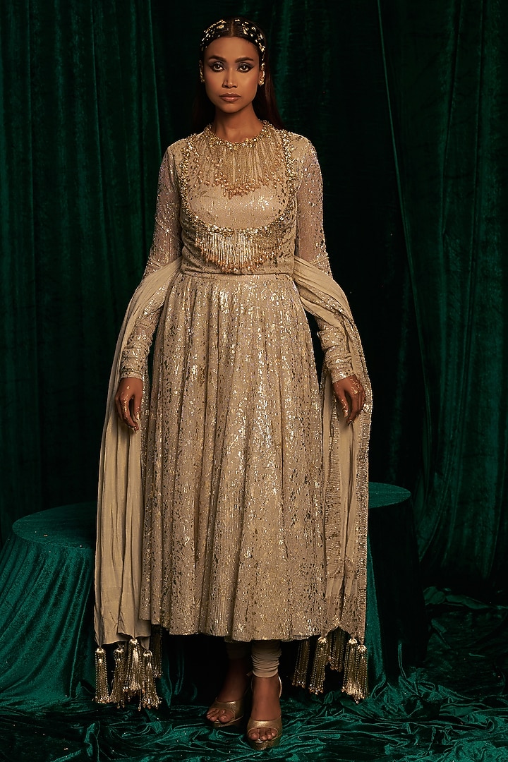 Gold Crinkle Foil Sequins & Tassel Embroidered Jacket Wedding Anarkali Set by MEHAK MAKHIJA at Pernia's Pop Up Shop